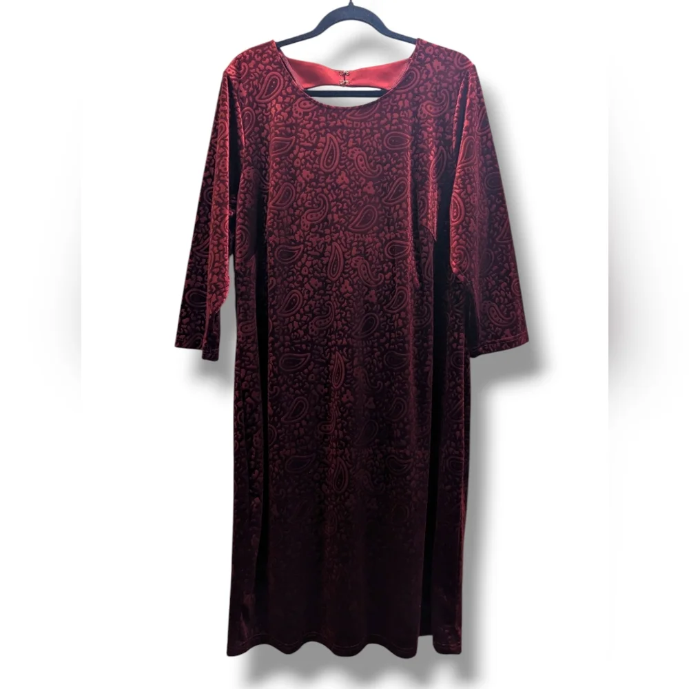 Spenser Jeremy Mulberry Velvet Paisley Back Cut-Out 3/4 Sleeves Midi Dress- 1X